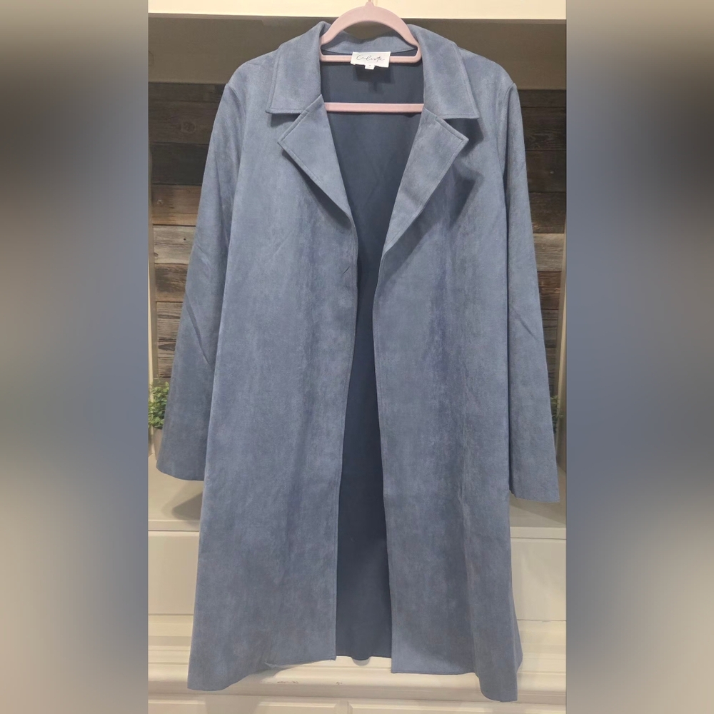 Calista Elegant Slate Blue Faux Suede Trench Coat W/ Pockets- Lightweight